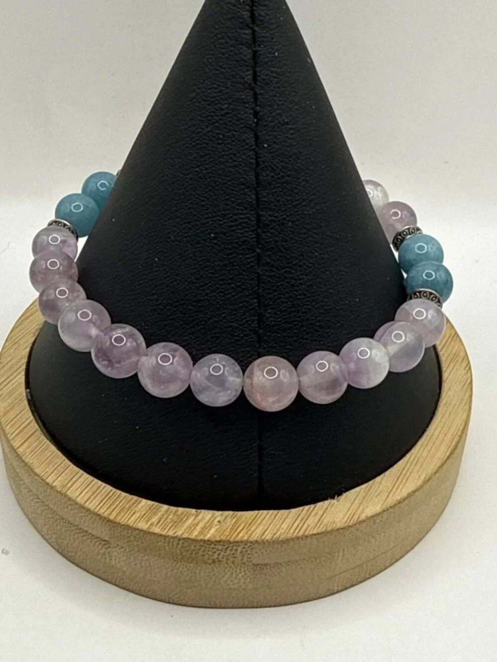 Pastel Beaded Stacking Bracelet Lavender & Light Blue Silver Tone Balinese Detai